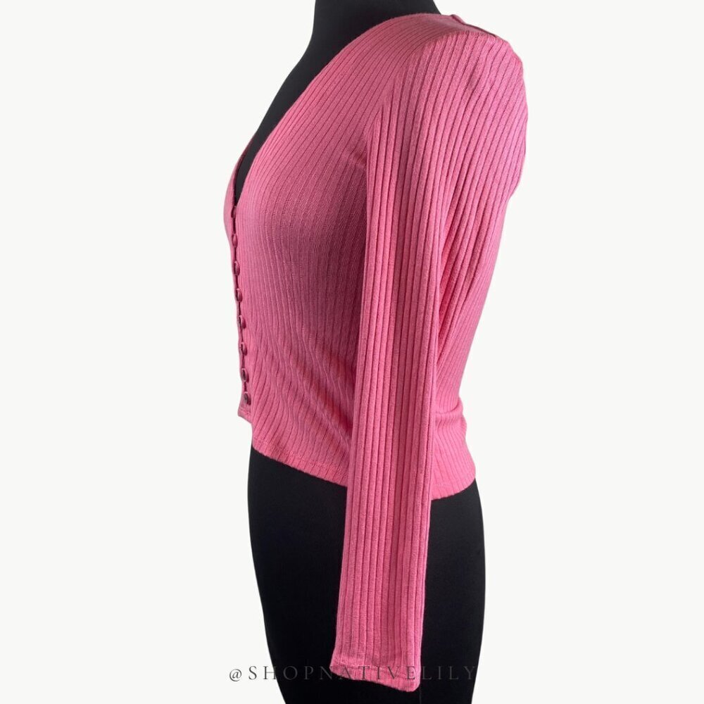 Reformation Pink Ribbed Button-Front Crop Top - Picture 5 of 12